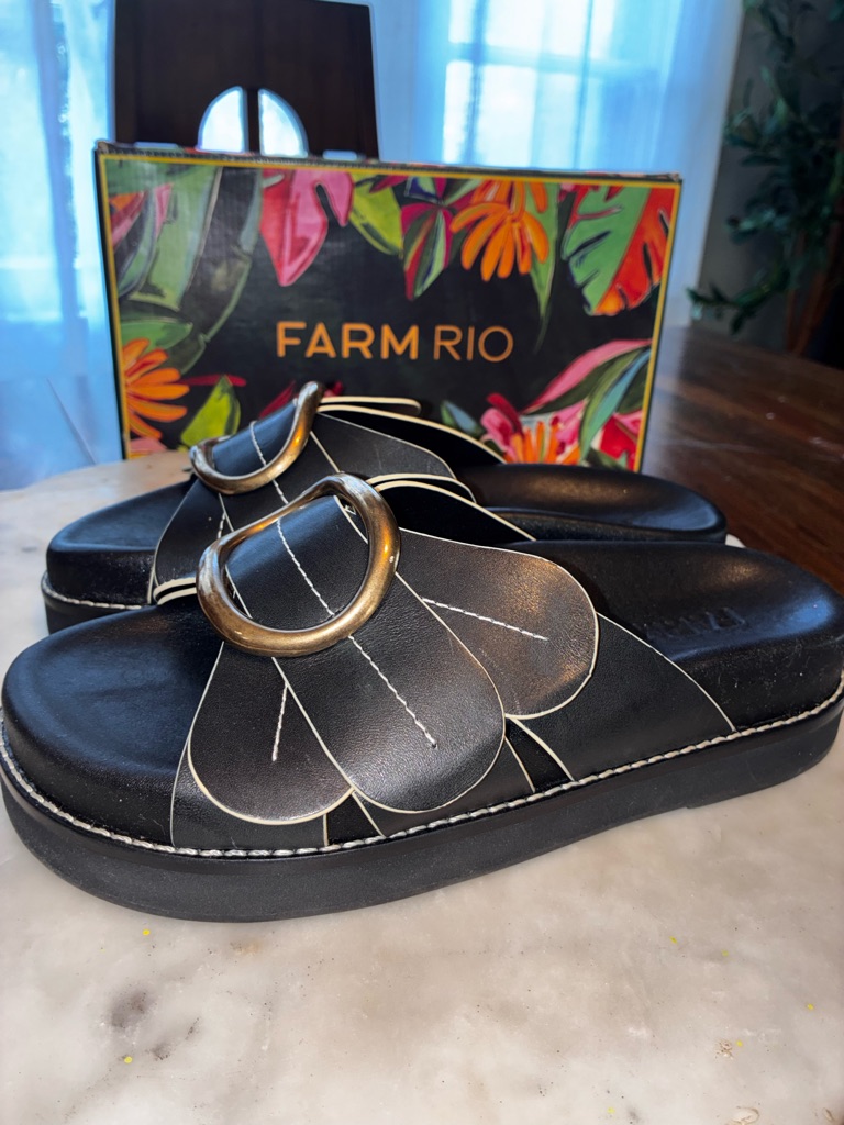 $288 New Farm Rio Black Leather Slide Sandals With Gold Buckle, 6